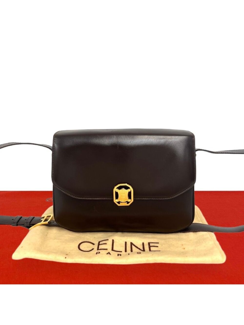 Celine Vintage Blason Leather Shoulder Bag Pochette Brown